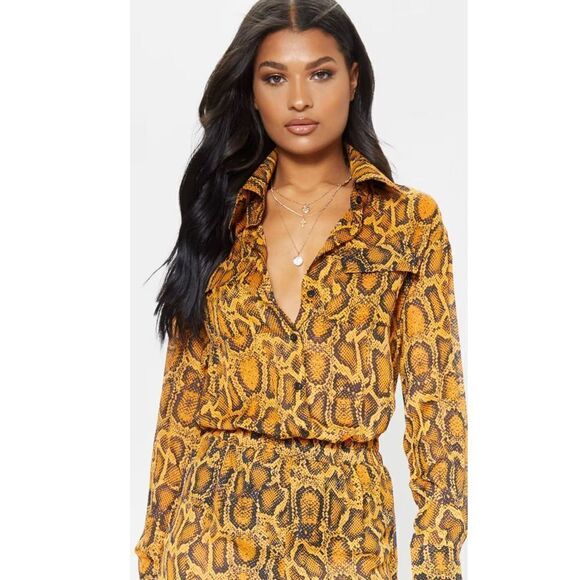 Pretty Little Things Sheer Snake Print Pocket Detail Oversized Shirt Orange Larg - Picture 1 of 10